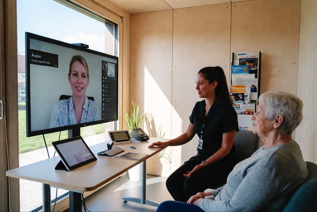 Physician Assistant und Patientin im Gesundheitsknoten, eine Ärztin ist per Video zugeschaltet